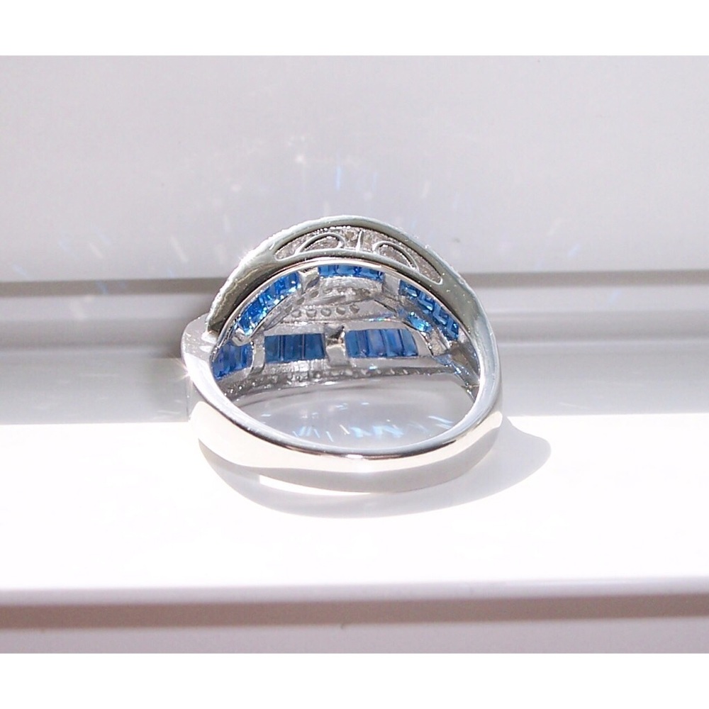 925 STERLING SILVER Blue Spinel & Cubic Zirconia Crossover Ring - Picture 9 of 15